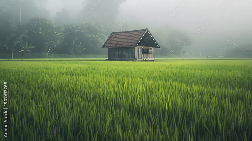 wooden house in the middle of rice fields with morning sunlight