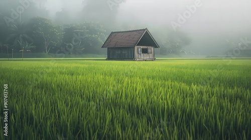 wooden house in the middle of rice fields with morning sunlight