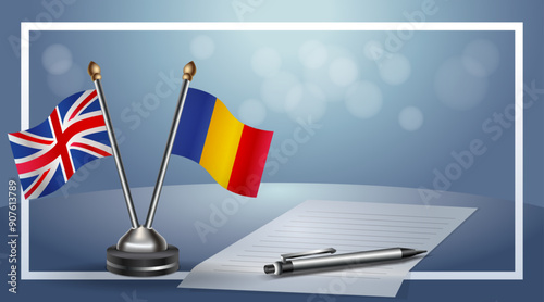 United Kingdom and Chad Small national flag on bokeh background, cooperative relationship