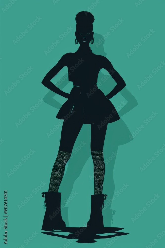 Minimalism illustration, a Black woman, wearing a high-necked velvet dress with fishnet stockings and platform boots, with her hands on her hips, gothic woman fashion, flat illustration Minimalism illustration, a Black woman, wearing a high-necked velvet dress with fishnet stockings and platform boots, with her hands on her hips, gothic woman fashion, flat illustration