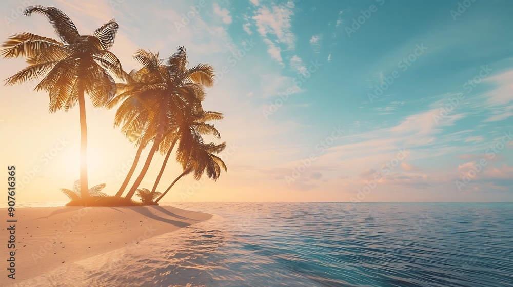 Obraz premium Island palm trees sea sand sky beach Amazing nature landscape Inspire tropical coast seascape horizon Orange and golden sunset sky calmness tranquil relaxing summer mood Vacation trave : Generative AI