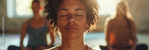 Woman practicing yoga with eyes closed in a group meditation session promoting relaxation and Zen for overall holistic health Female instructor leading spiritual exercise for wellness and m