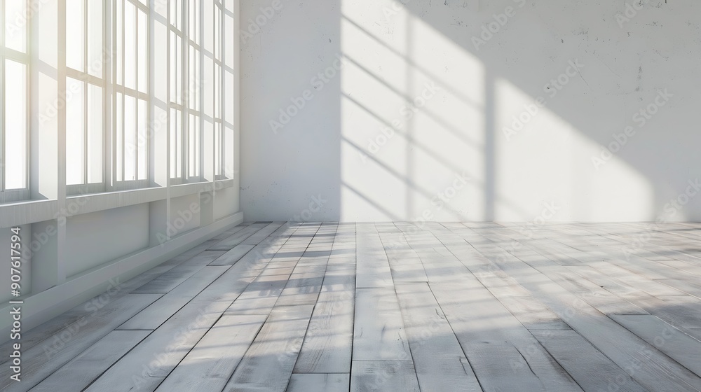 white empty room with wooden floor and window with sunlight room studio interior design background : Generative AI white empty room with wooden floor and window with sunlight room studio interior design background : Generative AI