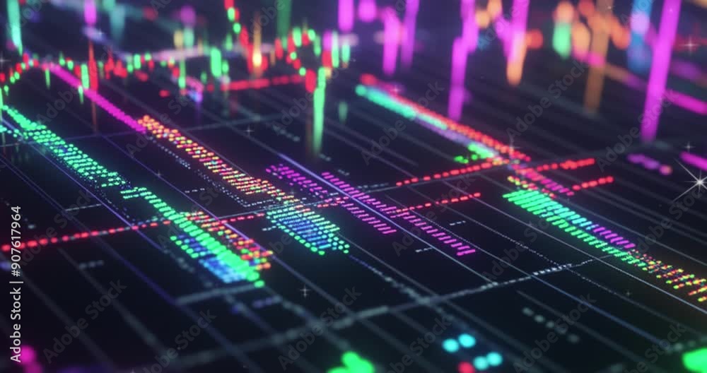 Close-up of an AI-generated trading chart displaying the stock market, with colorful candlestick patterns and trend lines on a black background.