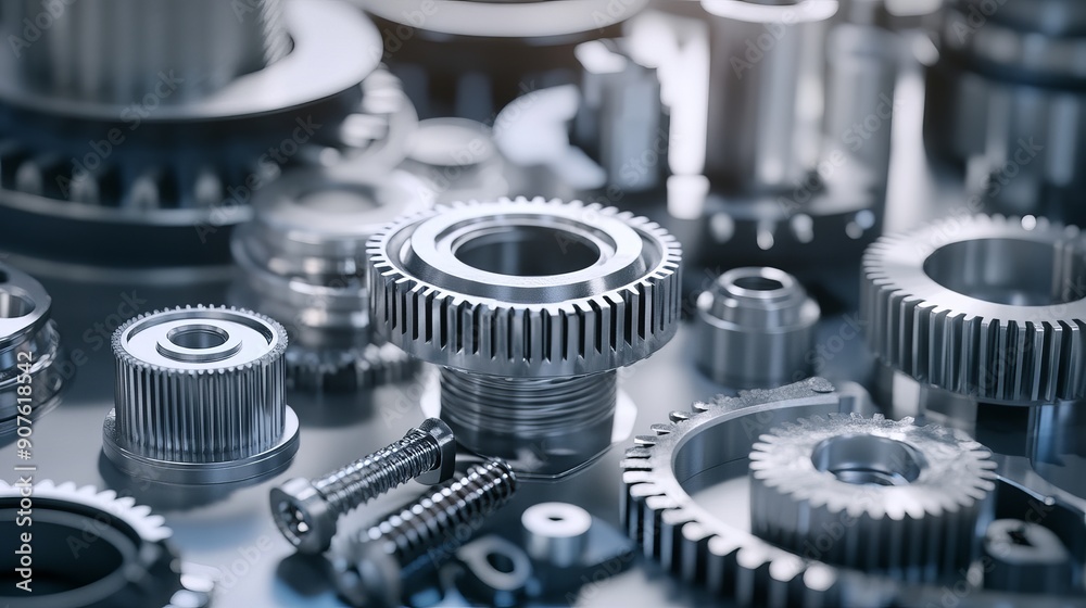 An engineering parts arrangement concept focusing on the large gear closest to the focal point An engineering parts arrangement concept focusing on the large gear closest to the focal point