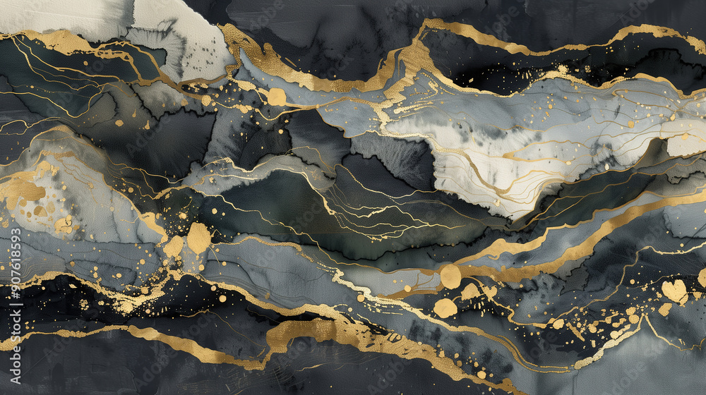 Fototapeta premium Elegant marble ink texture background with gold accents in dark tones