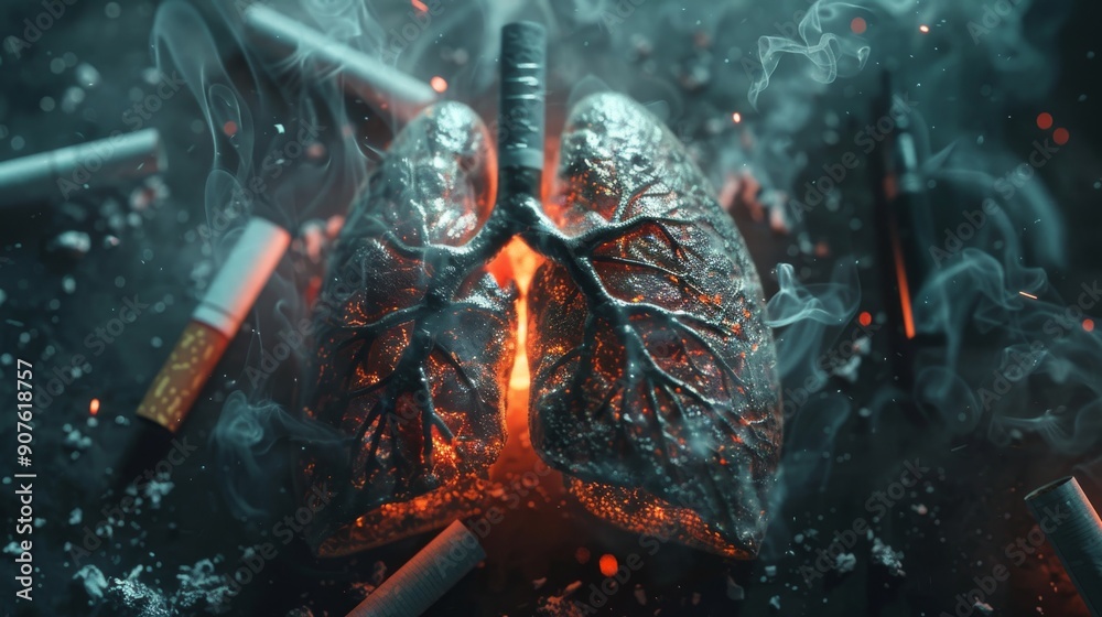 Burning Lungs Surrounded by Cigarettes and Smoke - Anti-Smoking Awareness and Health Concept Burning Lungs Surrounded by Cigarettes and Smoke - Anti-Smoking Awareness and Health Concept