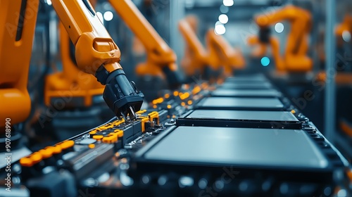 Automated EV battery pack production line featuring orange advanced robot arms A row of robotic arms assembles batteries for the automotive industry inside a bright electric car smart