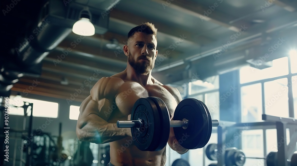 Strength workout Handsome athlete working out with dumbbell at gym free space : Generative AI Strength workout Handsome athlete working out with dumbbell at gym free space : Generative AI