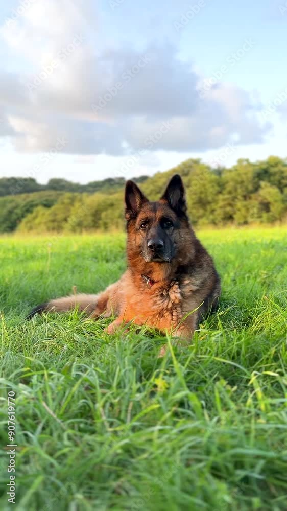 A German Shepherd stands, moves around, turns, and lies down on the grass on a summer evening, with the forest in the background and a blue sky with clouds above. A German Shepherd stands, moves around, turns, and lies down on the grass on a summer evening, with the forest in the background and a blue sky with clouds above.