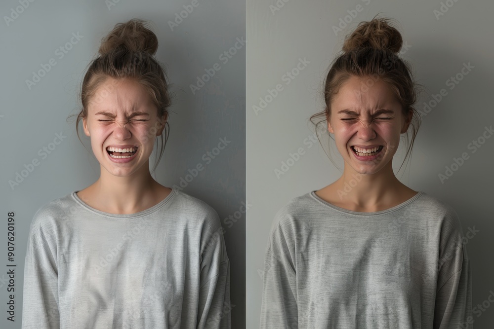 girl on the left has a frown on her face and her hair is in a bun
