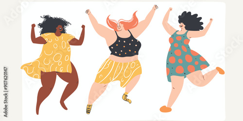 1 Diverse women dancing, celebrating body positivity, unity, joy, various skin tones, colorful outfits, vibrant illustration, isolated white background. 2 Three happy plussize women, cheerful