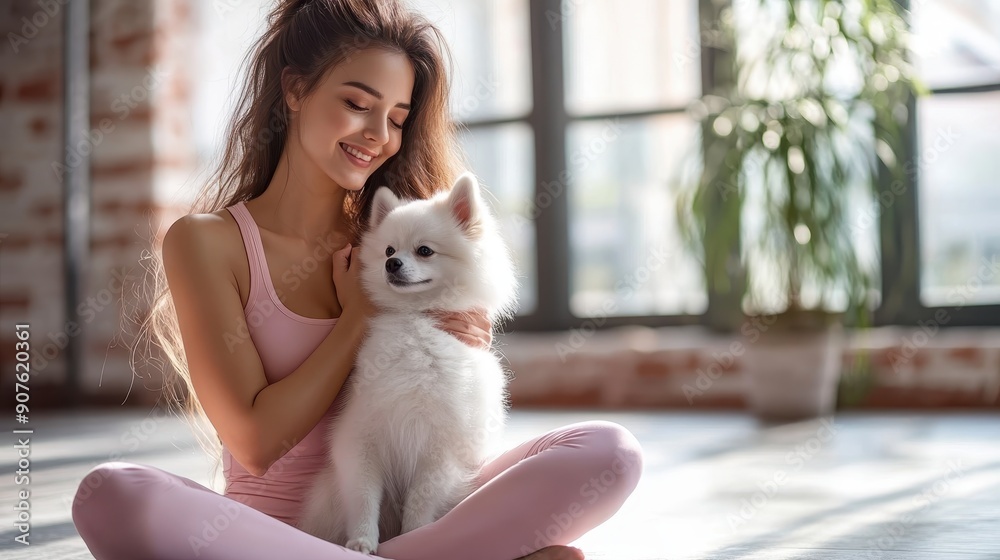 Young woman with pomeranian practicing yoga on mat at Yoga class,relaxing practicing yoga and enjoy playing puppy, healthy lifestyle, wellbeing, yoga, relationship, togetherness,pilates exercise. Young woman with pomeranian practicing yoga on mat at Yoga class,relaxing practicing yoga and enjoy playing puppy, healthy lifestyle, wellbeing, yoga, relationship, togetherness,pilates exercise.