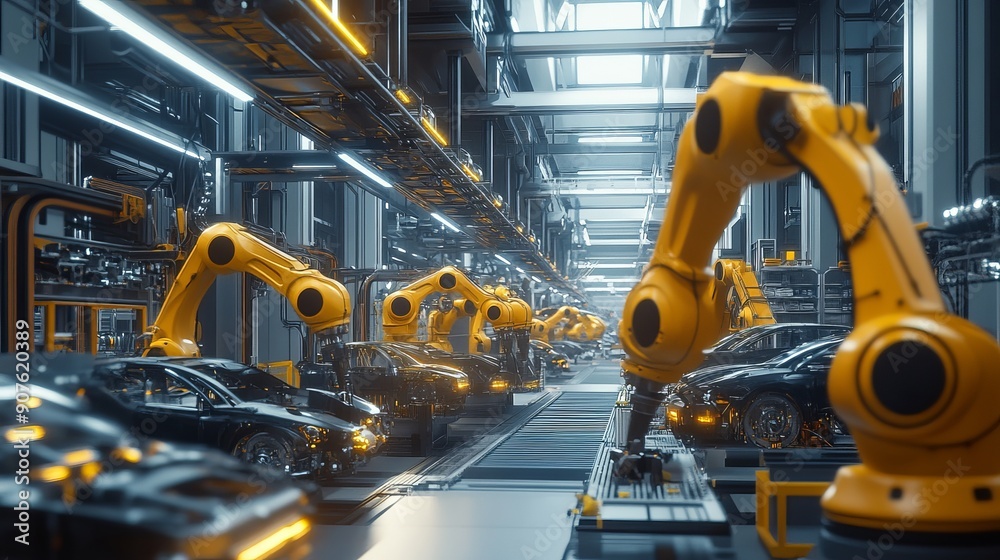 Car factory 3D render Automated robot arm assembly line manufacturing hightech green energy electric vehicles Construction building and welding industrial production on a conveyor