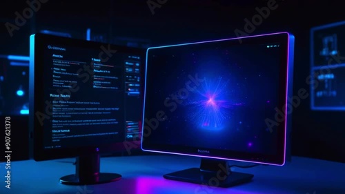 Two computer monitors with glowing blue and pink lights on a black surface.