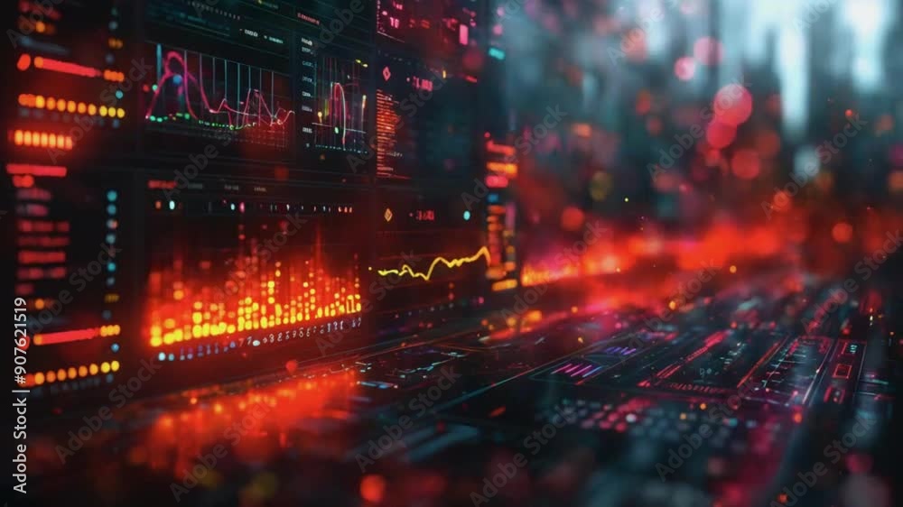 Futuristic digital interface with glowing red and blue graphs and data.