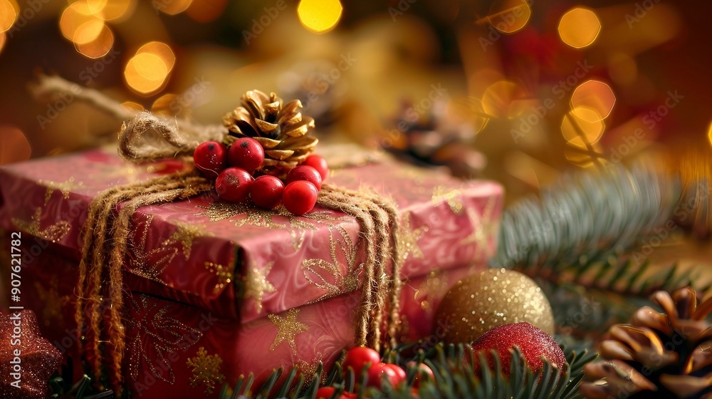 Festive Christmas Gift Box with Ornaments and Ribbon Decorations Festive Christmas Gift Box with Ornaments and Ribbon Decorations