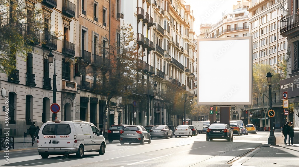 Blank advertising billboard mockup on a sunny street in madridsurrounded by historic architecture and urban traffic : Generative AI