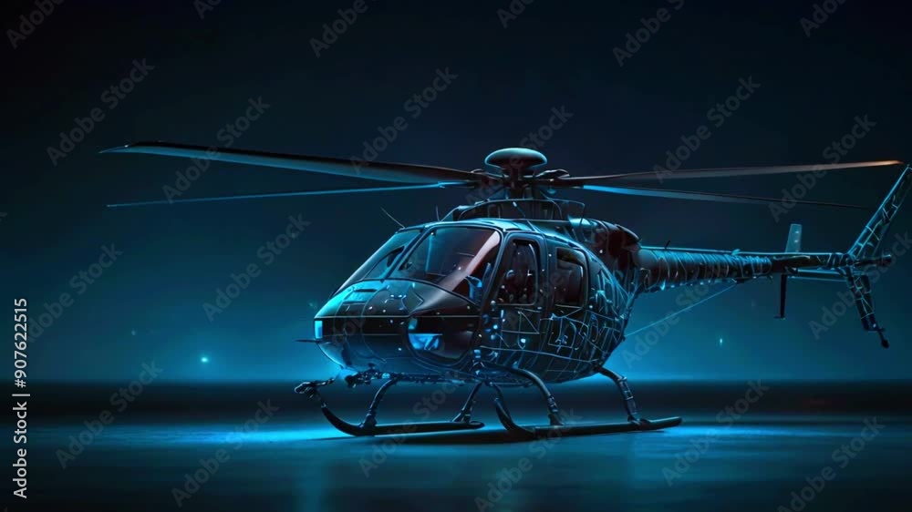 A sleek, black helicopter with blue lights illuminating its form, sitting on a dark blue surface. A sleek, black helicopter with blue lights illuminating its form, sitting on a dark blue surface.