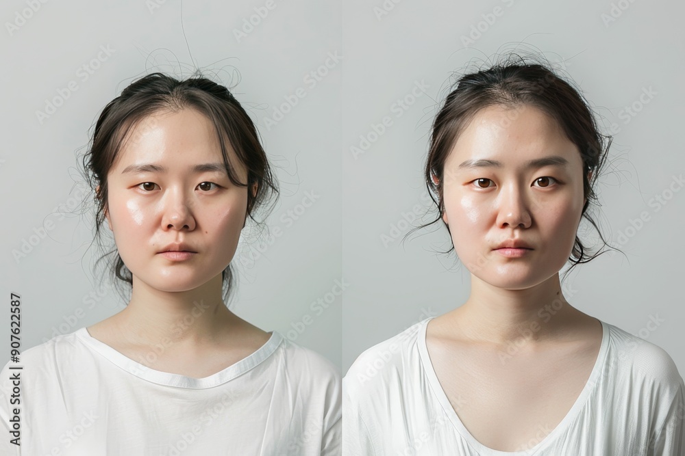 The two images of the woman's face show her with different makeup styles The two images of the woman's face show her with different makeup styles