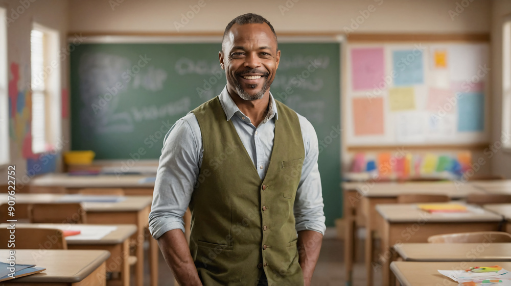 Fototapeta premium Happy African man teacher standing in school classroom on chalkboard background. Elementary school education. College professor