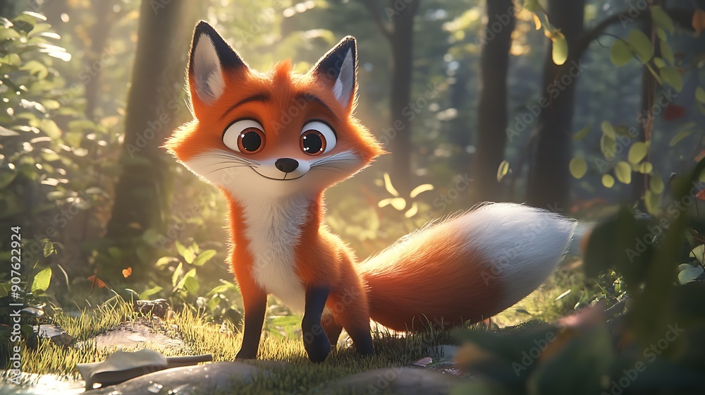 Obraz premium A whimsical animated fox with a bushy tail and large, expressive eyes, exploring a magical forest --ar 16:9