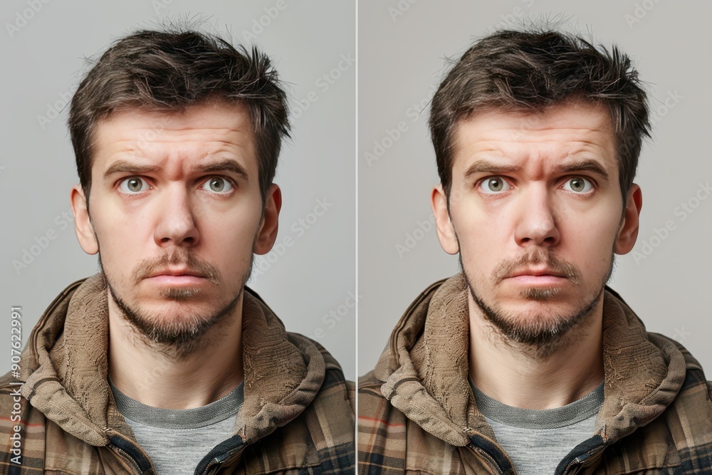 The man in the first image has a serious expression on his face The man in the first image has a serious expression on his face