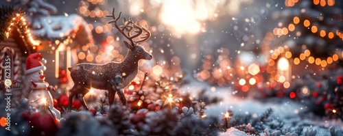 Enchanting winter scene with a deer surrounded by twinkling lights, snow, and festive decorations, evoking the spirit of Christmas.