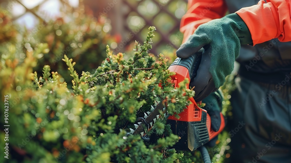 Fototapeta premium Skilled landscaper in gloves shaping evergreen hedge with trimmer at summer day Front view of happy man taking care of conifer bush with electric lopper against wooden gazebo Concept o : Generative AI