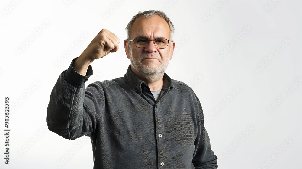 A middle aged male supervisor eagerly shows his fist Ready and gungho for a challenge Isolated on a white backdrop : Generative AI A middle aged male supervisor eagerly shows his fist Ready and gungho for a challenge Isolated on a white backdrop : Generative AI
