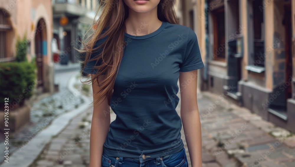 Casual Woman in Plain Dark T-Shirt Walking on Charming Cobblestone Street Casual Woman in Plain Dark T-Shirt Walking on Charming Cobblestone Street