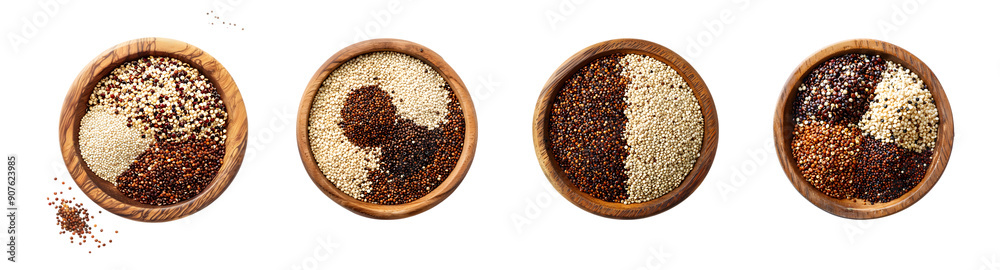 Assorted quinoa seeds in a wooden bowl isolated on a transparent background Assorted quinoa seeds in a wooden bowl isolated on a transparent background