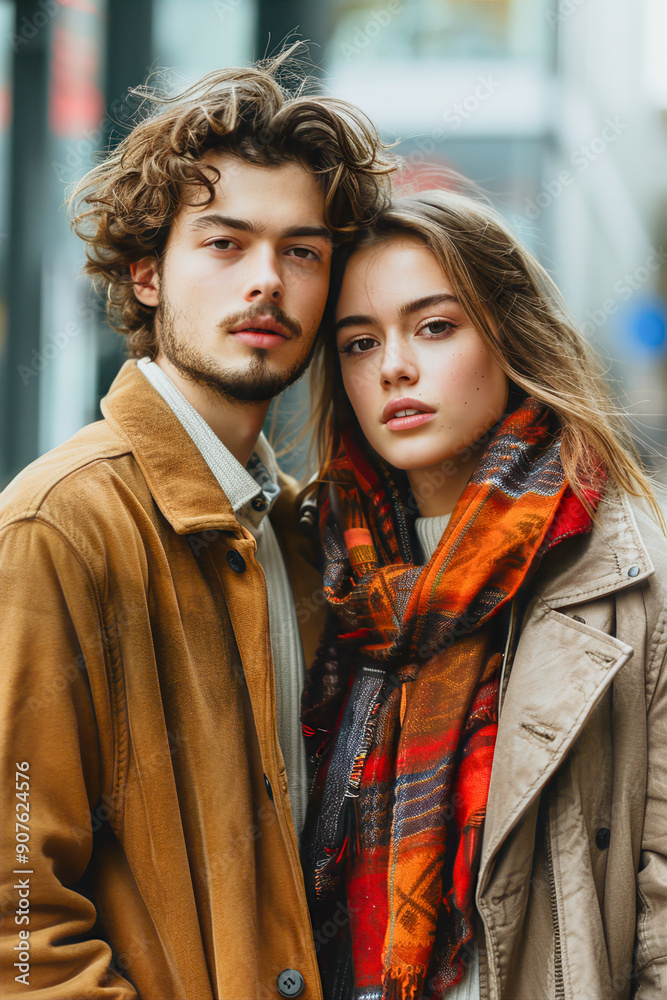 A stylish couple embraces in an urban setting, showcasing modern fashion and a warm connection amid a bustling backdrop. A stylish couple embraces in an urban setting, showcasing modern fashion and a warm connection amid a bustling backdrop.
