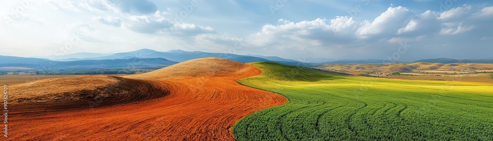 contrasting double exposure of desolate, dry terrain and vibrant, green fields, blending barren and fertile environments in a surreal scene, photo-realistic contrasting double exposure of desolate, dry terrain and vibrant, green fields, blending barren and fertile environments in a surreal scene, photo-realistic