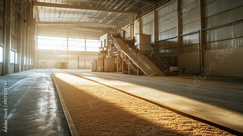 Interior of a rice milling factory showcasing a paddy drying machine and loading area for postharvest processing of paddy rice intended for export photo