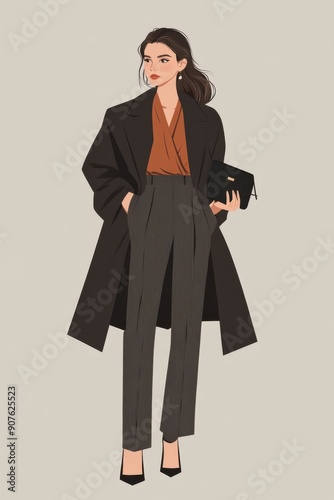 Minimalism illustration, a Caucasian woman, wearing a fitted wool coat with a silk blouse and dress pants, holding a chic clutch, classic fashion, boho, flat illustration on pastel gray background 