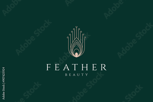 Beautiful peacock feather logo with gold luxury line art design style