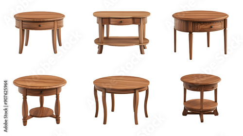 A set of wooden side tables isolated on transparent background, png. A collection of round and oval-shaped end cabinets with shelves or drawers