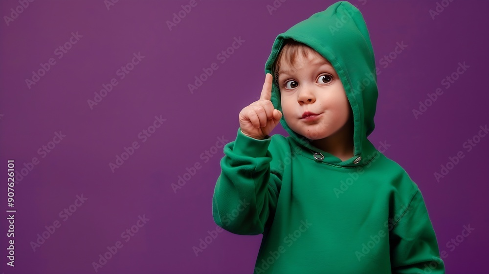 Photo of dreamy thoughtful little boy dressed green hoodie pointing finger looking empty space isolated purple color background : Generative AI Photo of dreamy thoughtful little boy dressed green hoodie pointing finger looking empty space isolated purple color background : Generative AI