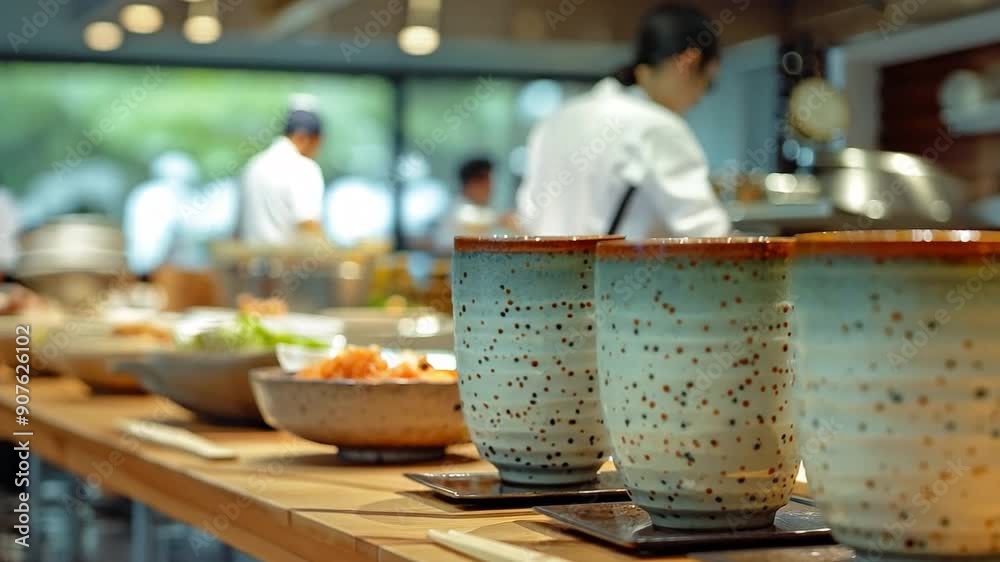 Japanese restaurant counter featuring a tea cup made of pottery, with Blur chef preparing food at the kitchen counter and serving patrons in the backdrop Japanese restaurant counter featuring a tea cup made of pottery, with Blur chef preparing food at the kitchen counter and serving patrons in the backdrop