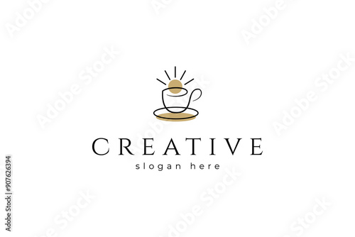 Coffee logo with sunrise in simple linear design style