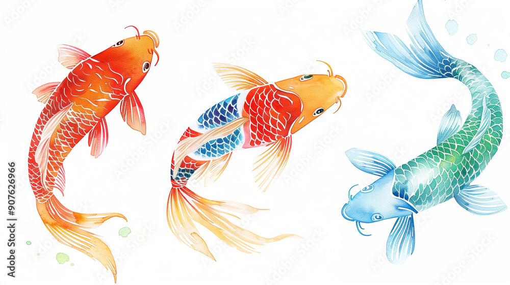 Koi fish swimming gracefully in vibrant colors. Stunning koi art showcasing intricate details and serene aquatic beauty. Colorful koi fish illustration in a tranquil setting