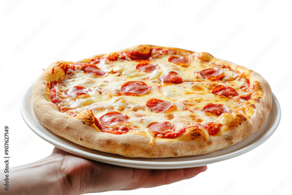 Hand Holding Stretched Cheese Pepperoni Pizza on Ceramic Plate cut out transparent isolated on white background PNG Hand Holding Stretched Cheese Pepperoni Pizza on Ceramic Plate cut out transparent isolated on white background PNG