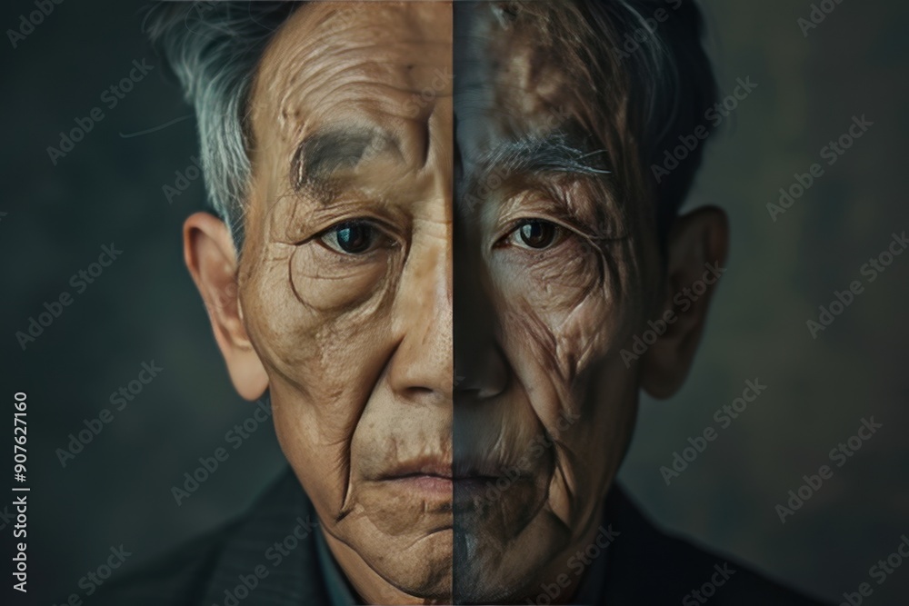 Two men's faces, one with wrinkles and the other without Two men's faces, one with wrinkles and the other without