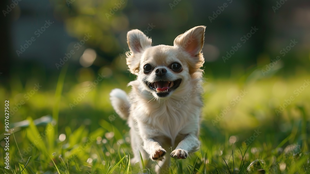 Photo Realistic: A Small Chihuahua Dog Running Happily Ahead Outdoors Photo Realistic: A Small Chihuahua Dog Running Happily Ahead Outdoors