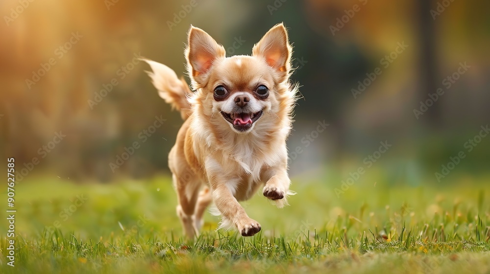 Photo Realistic: A Small Chihuahua Dog Running Happily Ahead Outdoors Photo Realistic: A Small Chihuahua Dog Running Happily Ahead Outdoors