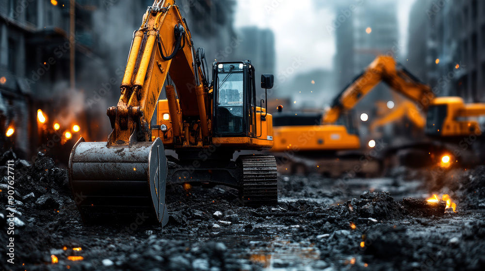 A yellow construction machine is in the middle of a construction site. The scene is chaotic and dangerous, with debris and rubble everywhere. The machine is surrounded by other construction vehicles A yellow construction machine is in the middle of a construction site. The scene is chaotic and dangerous, with debris and rubble everywhere. The machine is surrounded by other construction vehicles