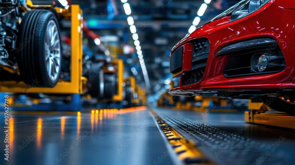 A red car is being built in a factory. The car is on a conveyor belt and is surrounded by other cars A red car is being built in a factory. The car is on a conveyor belt and is surrounded by other cars