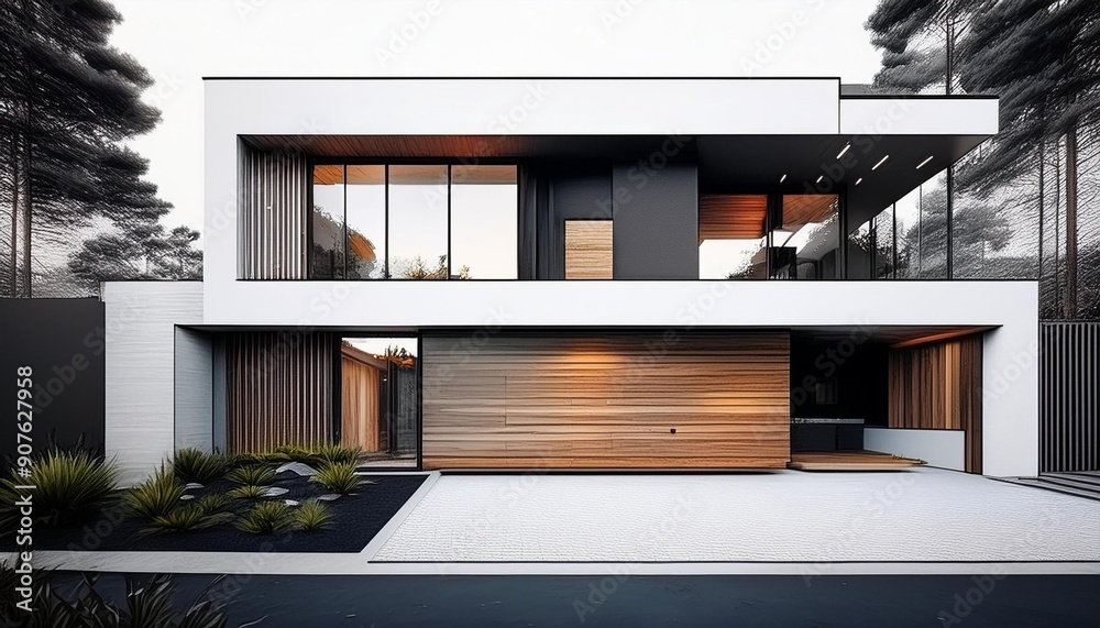 Architektur Ansicht Modernes Haus Holz Beton Villa Architektur Ansicht Modernes Haus Holz Beton Villa