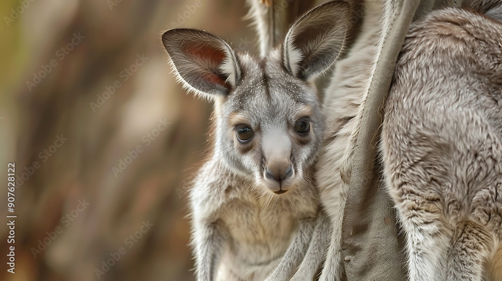 A cute baby kangaroo peeking out of its mothera??s pouch in the Australian outback. A cute baby kangaroo peeking out of its mothera??s pouch in the Australian outback.